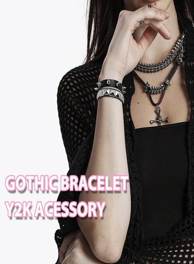 EaciTown 4 Pcs Punk Bracelet Spike Cuff Wrap Bracelets Fanux Leather Wristband Stud Gothic Bracelet Halloween Dress up Bracelets (black) - Image 4